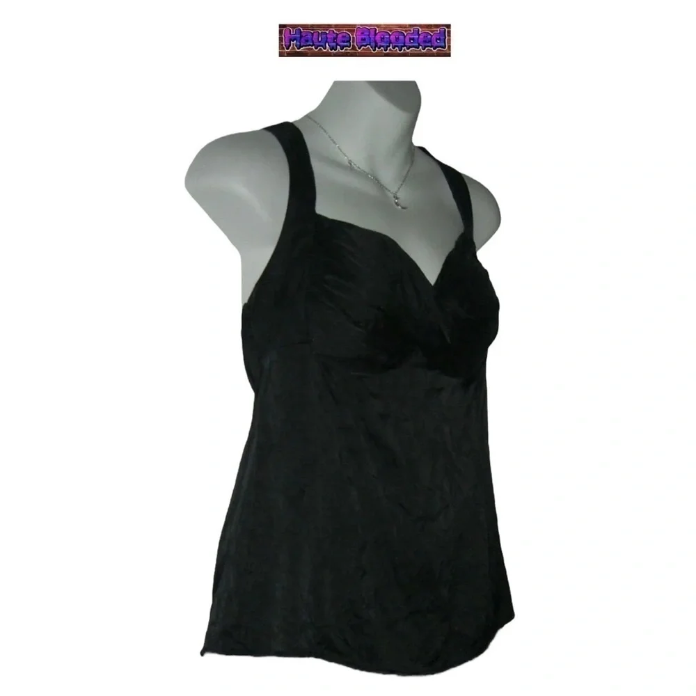 y2k bebe Black Crepe Silk Tank Top Sexy Cami Silver Ring Crinkle 00's 90's Club - Picture 2 of 10